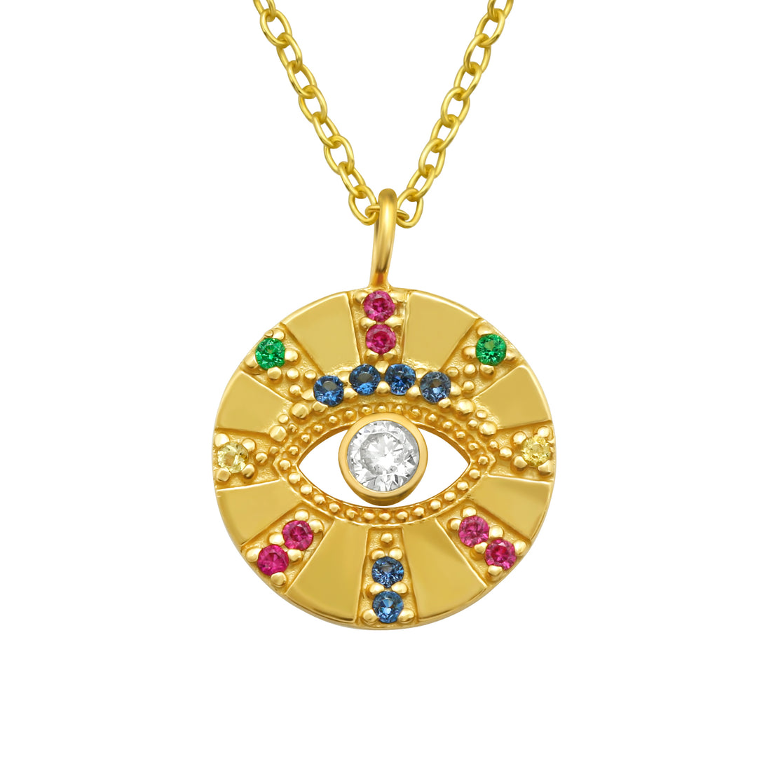 Circle Eye Multi Color Gem Silver Necklace — Gold Plated