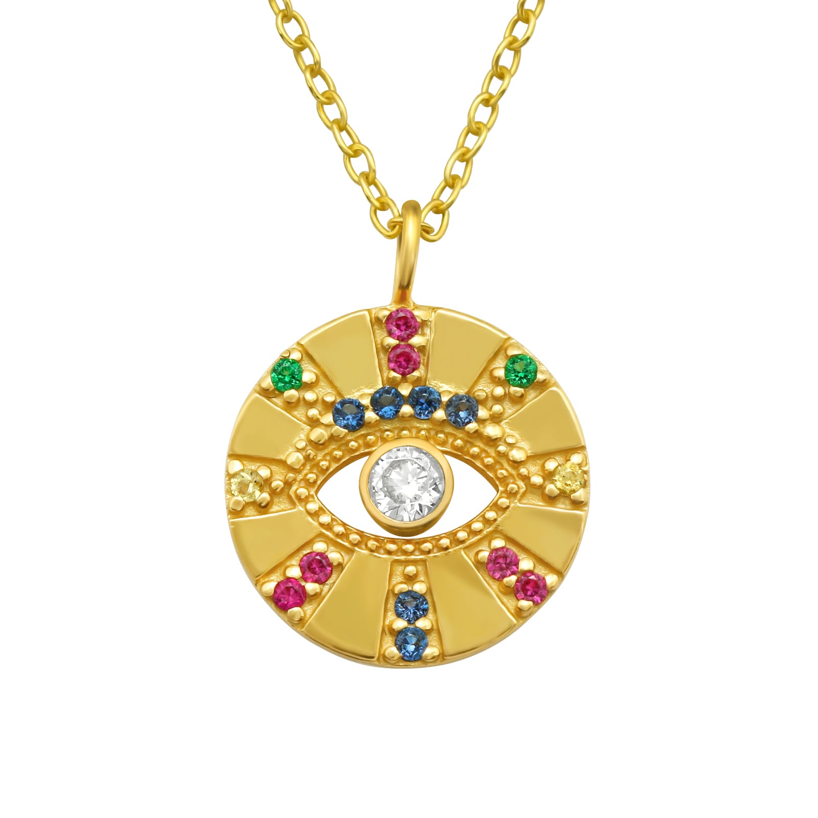 Circle Eye Multi Color Gem Silver Necklace — Gold Plated