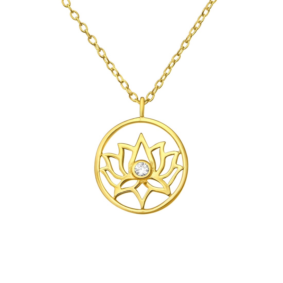 Circle Lotus Gem Silver Necklace — Gold Plated