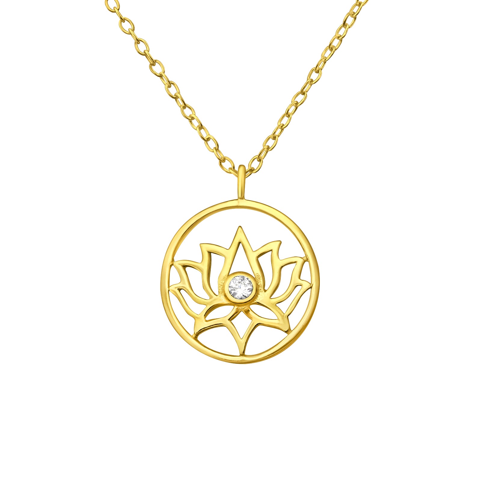 Circle Lotus Gem Silver Necklace — Gold Plated