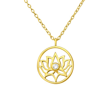 Circle Lotus Gem Silver Necklace — Gold Plated