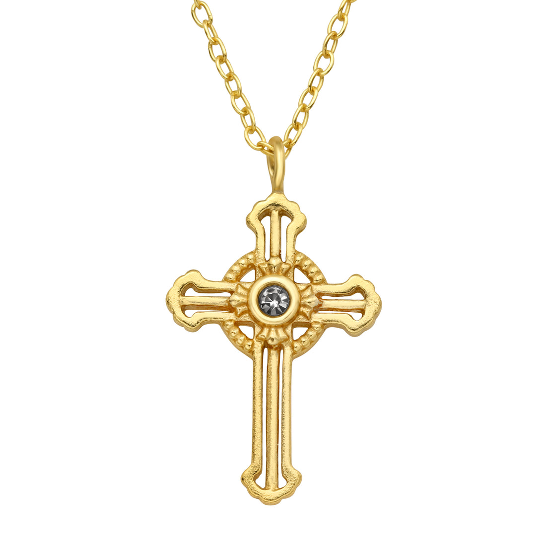 Cross Black Gem Silver Necklace — Gold Plated