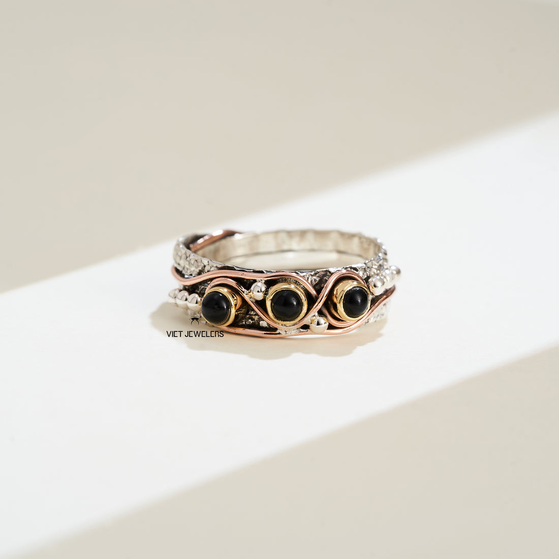 Copper Black Agate Silver Ring