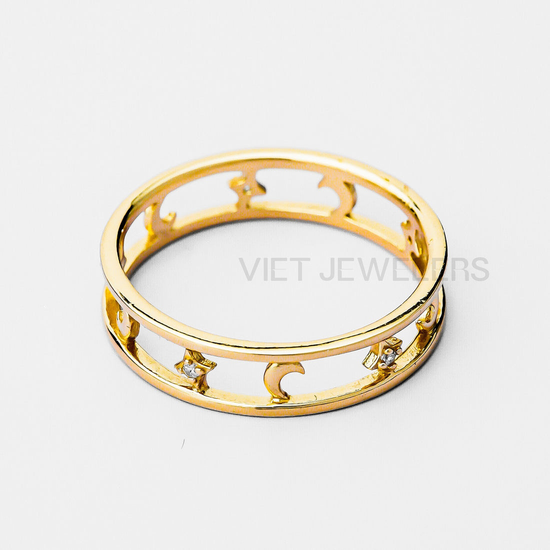Crescent Moon Star CZ Gem Silver Ring — Gold Plated