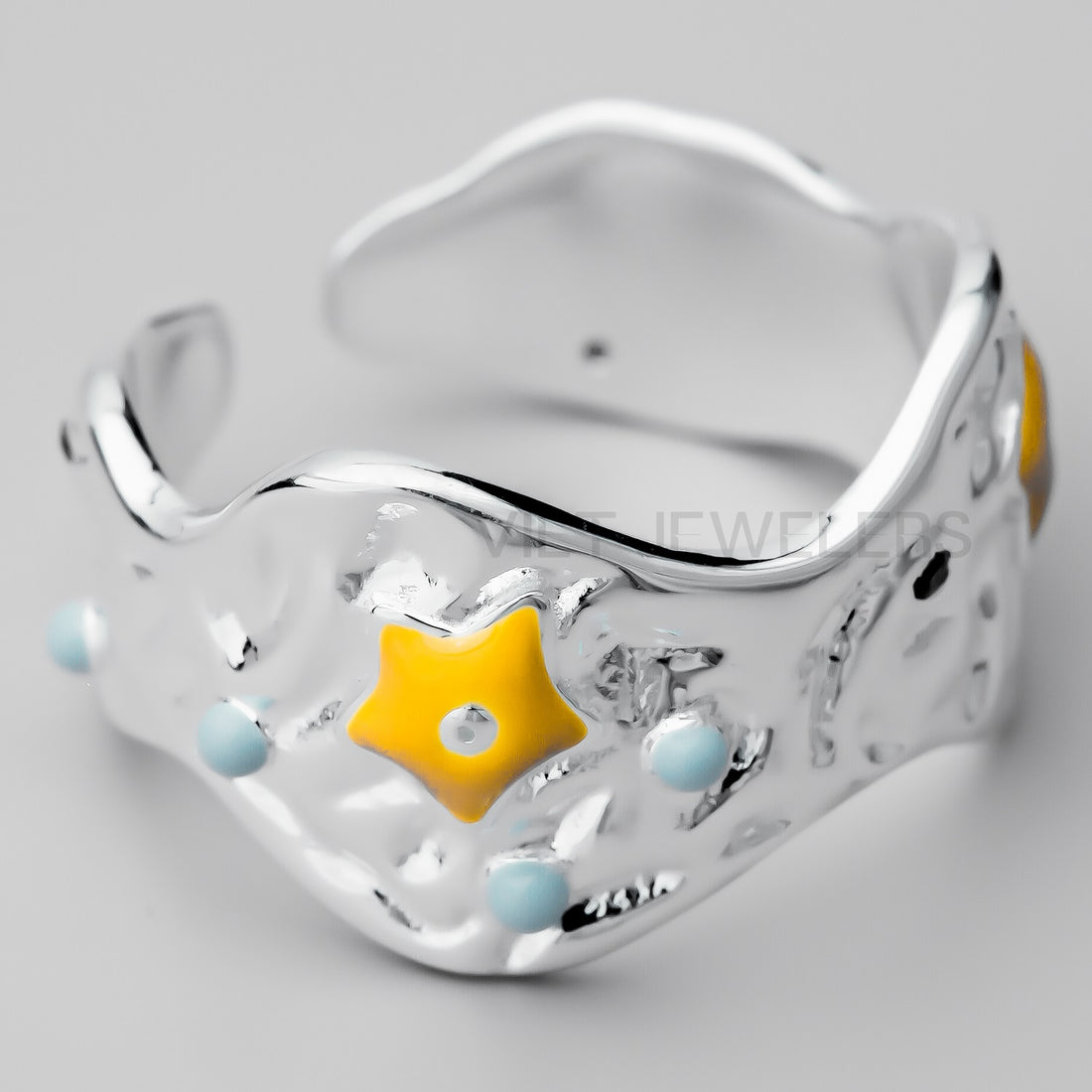 Yellow Enamel Star Pink Gem Silver Ring
