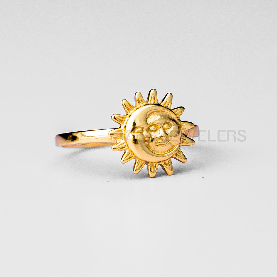Cresent Moon Embracing The Sun Silver Ring — Gold Plated